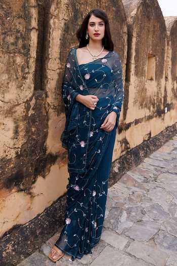 Buy_Geroo Jaipur_Blue Chiffon Embroidery Tubelight Jaal Pre-draped Saree Set _Online_at_Aza_Fashions