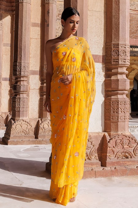 Geroo Jaipur Motif Embroidered Pre-Draped Saree Set 