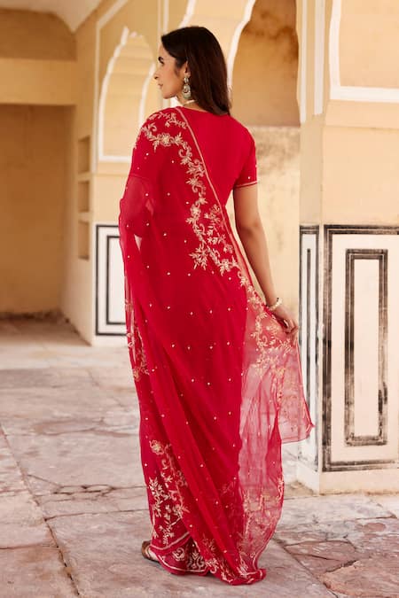 Geroo Jaipur Aari Embroidered Pre-Draped Saree Set 