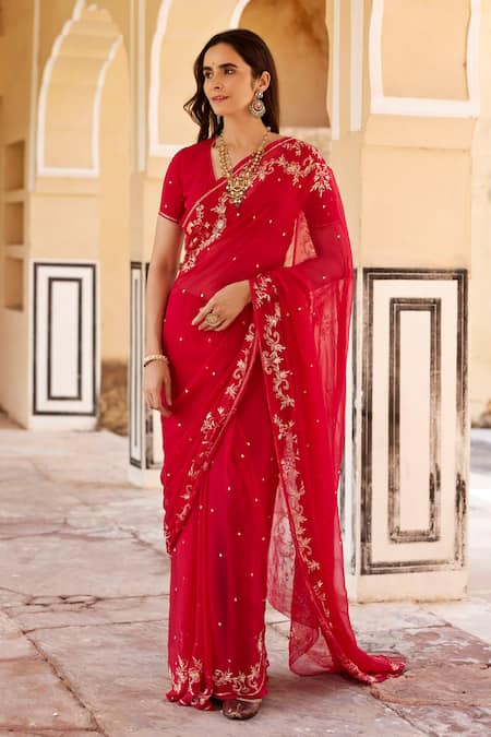 Geroo Jaipur Aari Embroidered Pre-Draped Saree Set 