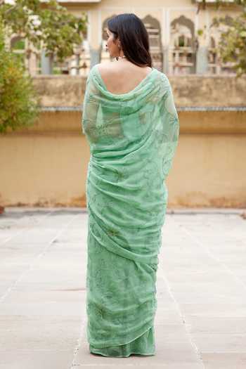 Shop Geroo Jaipur Green Chiffon Sequins Embroidered Pre-draped Saree Set at Aza Fashions Shop_Geroo Jaipur_Green Chiffon Sequins Embroidered Pre-draped Saree Set _at_Aza_Fashions