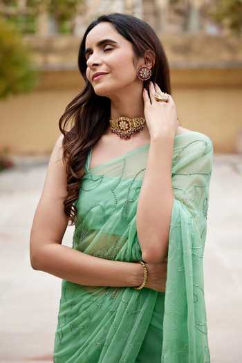 Shop Geroo Jaipur Green Chiffon Sequins Embroidered Pre-draped Saree Set Online at Aza Fashions Shop_Geroo Jaipur_Green Chiffon Sequins Embroidered Pre-draped Saree Set _Online_at_Aza_Fashions