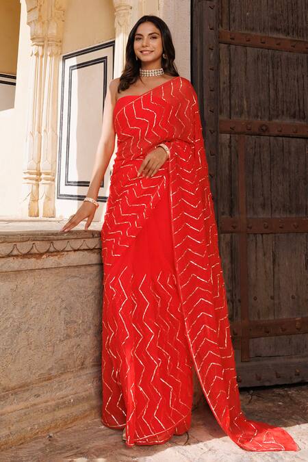 Geroo Jaipur_Red Chiffon Gota Patti Jaal Work Pre-draped Saree Set _at_Aza_Fashions