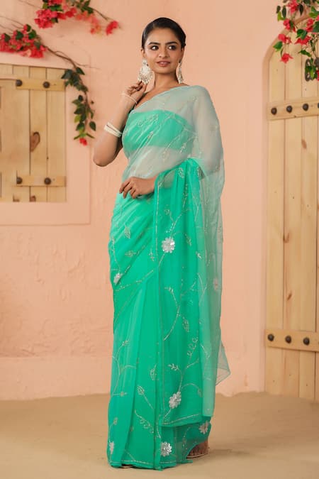 Geroo Jaipur_Green Chiffon Sequins One Shoulder Ombre Embroidered Pre-draped Saree Set _Online_at_Aza_Fashions