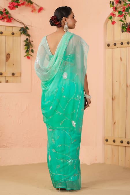 Geroo Jaipur Ombre Embroidered Pre-Draped Saree Set 
