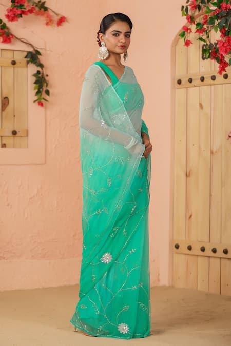 Buy_Geroo Jaipur_Green Chiffon Sequins One Shoulder Ombre Embroidered Pre-draped Saree Set _Online_at_Aza_Fashions