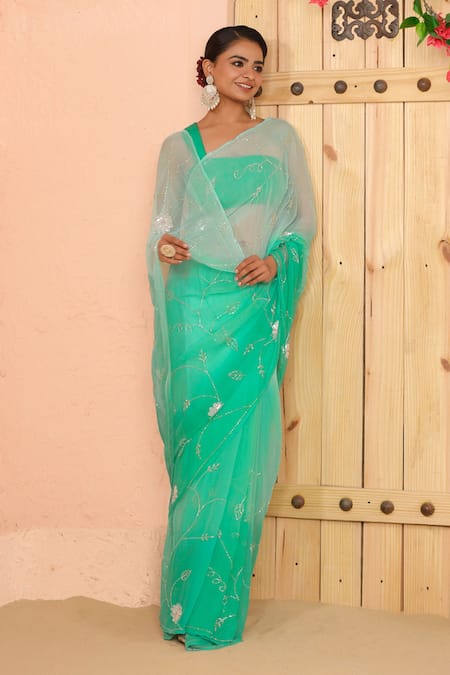 Shop_Geroo Jaipur_Green Chiffon Sequins One Shoulder Ombre Embroidered Pre-draped Saree Set _Online_at_Aza_Fashions
