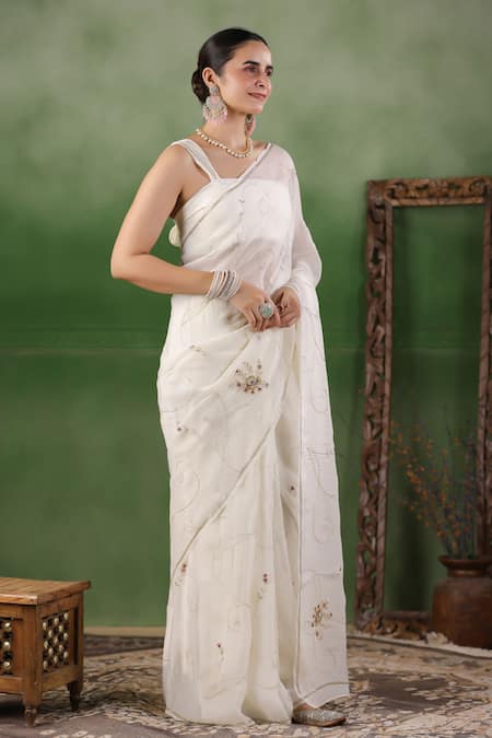Buy Geroo Jaipur White Organza Embroidery One Shoulder Sequin Pre-draped Saree Set Buy_Geroo Jaipur_White Organza Embroidery One Shoulder Sequin Pre-draped Saree Set
