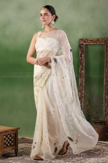 Shop_Geroo Jaipur_Off White Chiffon Gota Patti One Shoulder Hand Embroidered Saree And Blouse Set _Online_at_Aza_Fashions
