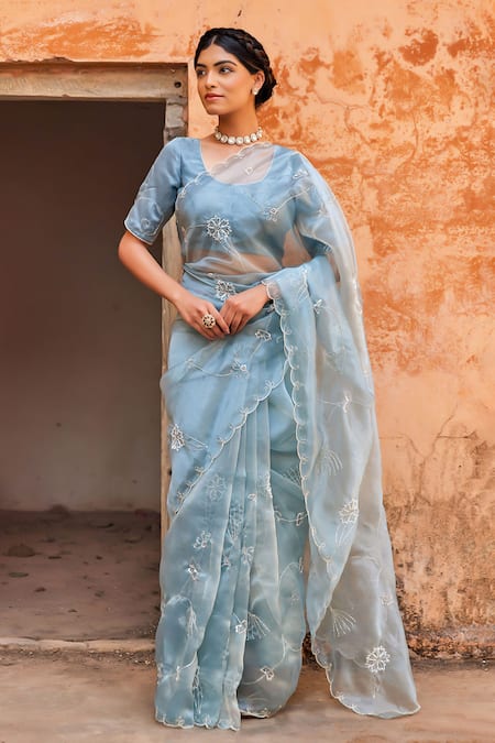 Geroo Jaipur Motif Embroidered Pre-Draped Saree Set 