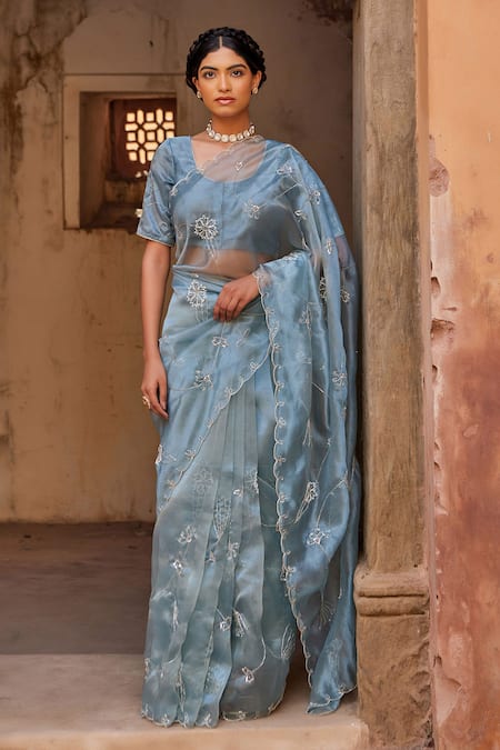 Geroo Jaipur Blue Tissue Sequins, Embroidery Scoop Neck Motif Pre-draped Saree Set Online at Aza Fashions Geroo Jaipur_Blue Tissue Sequins, Embroidery Scoop Neck Motif Pre-draped Saree Set _Online_at_Aza_Fashions