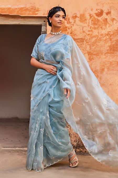 Buy Geroo Jaipur Blue Tissue Sequins, Embroidery Scoop Neck Motif Pre-draped Saree Set Online at Aza Fashions Buy_Geroo Jaipur_Blue Tissue Sequins, Embroidery Scoop Neck Motif Pre-draped Saree Set _Online_at_Aza_Fashions