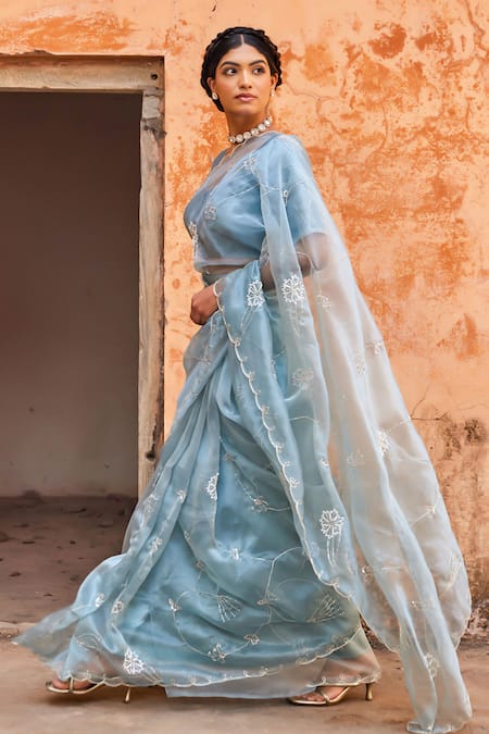 Shop Geroo Jaipur Blue Tissue Sequins, Embroidery Scoop Neck Motif Pre-draped Saree Set Online at Aza Fashions Shop_Geroo Jaipur_Blue Tissue Sequins, Embroidery Scoop Neck Motif Pre-draped Saree Set _Online_at_Aza_Fashions