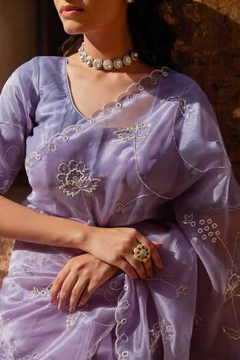 Geroo Jaipur_Purple Tissue Sequins Round Neck Scallop Embroidered Pre-draped Saree Set _Online_at_Aza_Fashions