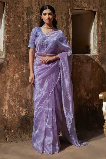 Buy_Geroo Jaipur_Purple Tissue Sequins Round Neck Scallop Embroidered Pre-draped Saree Set _Online_at_Aza_Fashions