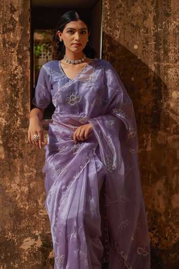 Shop_Geroo Jaipur_Purple Tissue Sequins Round Neck Scallop Embroidered Pre-draped Saree Set _Online_at_Aza_Fashions