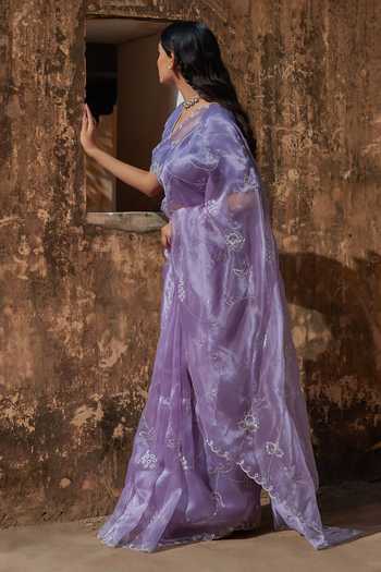 Geroo Jaipur_Purple Tissue Sequins Round Neck Scallop Embroidered Pre-draped Saree Set _at_Aza_Fashions