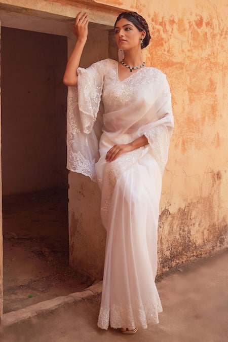 Geroo Jaipur Tonal Embroidered Pre-Draped Saree Set 