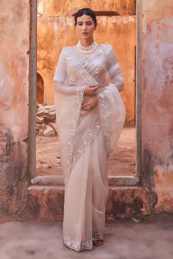 Shop_Geroo Jaipur_Silver Tissue Sequins, Beads, Pearls Round Embroidered Border Saree And Blouse Set _Online_at_Aza_Fashions