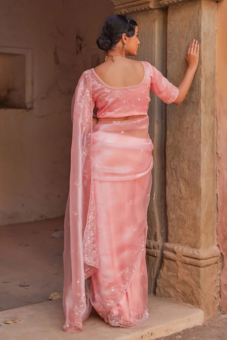 Geroo Jaipur Tissue Embroidered Pre-Draped Saree Set 