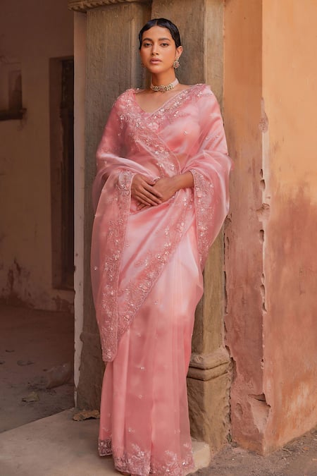 Buy_Geroo Jaipur_Pink Tissue Sequins Round Neck Embroidered Pre-draped Saree Set _Online_at_Aza_Fashions