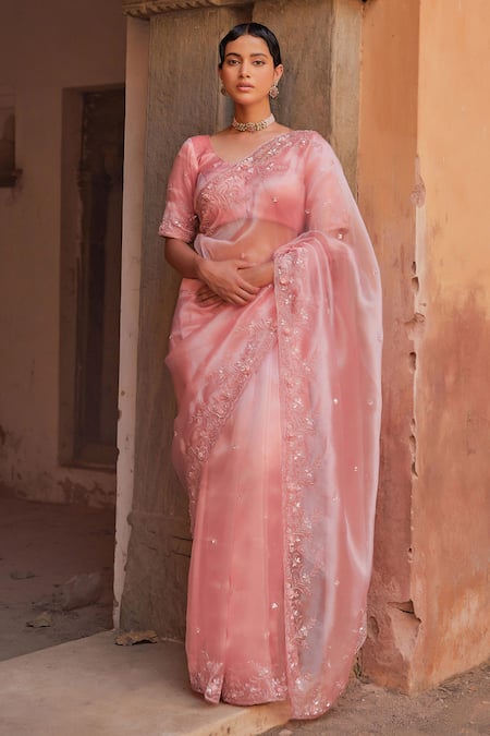 Geroo Jaipur Tissue Embroidered Pre-Draped Saree Set 