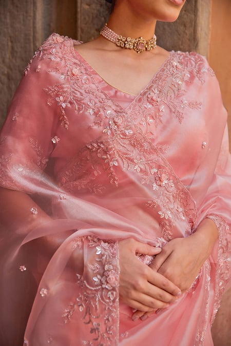 Geroo Jaipur_Pink Tissue Sequins Round Neck Embroidered Pre-draped Saree Set _at_Aza_Fashions