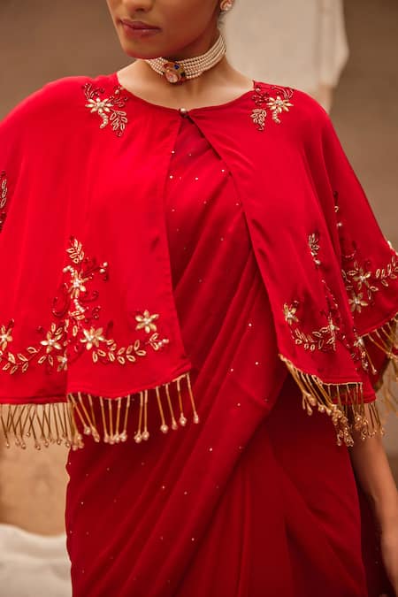 Geroo Jaipur_Red Chiffon Embroidery, Zari, Tassels Hand-embroidered Pre-draped Saree Set _Online_at_Aza_Fashions