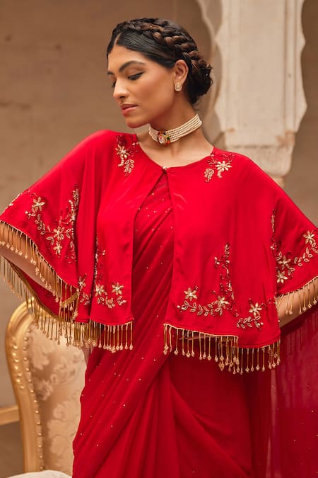 Buy_Geroo Jaipur_Red Chiffon Embroidery, Zari, Tassels Hand-embroidered Pre-draped Saree Set _Online_at_Aza_Fashions