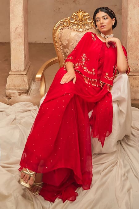 Geroo Jaipur_Red Chiffon Embroidery, Zari, Tassels Hand-embroidered Pre-draped Saree Set _at_Aza_Fashions