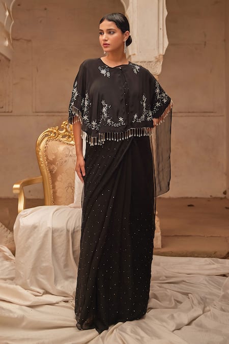 Buy_Geroo Jaipur_Black Chiffon Sequins, Beads Round Neck Hand-embroidered Pre-draped Saree Set _Online_at_Aza_Fashions