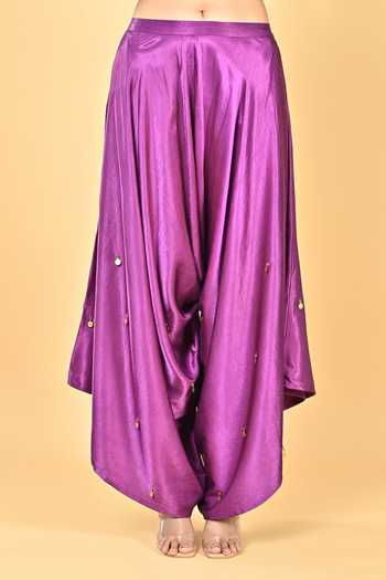 KEITH GOMES_Gold Satin, Crepe, Chiffon Gota Patti, Embroidered Peplum Kurta And Dhoti Pant Set _Online_at_Aza_Fashions