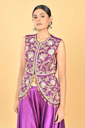 Buy_KEITH GOMES_Gold Satin, Crepe, Chiffon Gota Patti, Embroidered Peplum Kurta And Dhoti Pant Set _Online_at_Aza_Fashions
