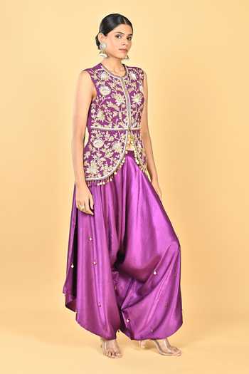 Shop_KEITH GOMES_Gold Satin, Crepe, Chiffon Gota Patti, Embroidered Peplum Kurta And Dhoti Pant Set _Online_at_Aza_Fashions