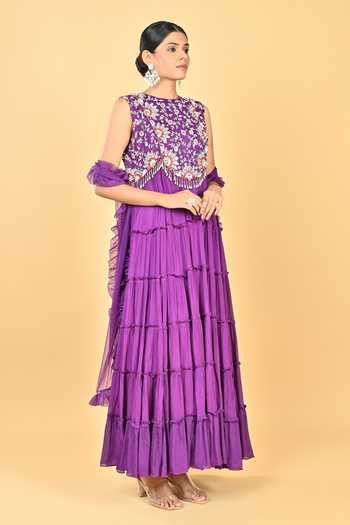 Buy_KEITH GOMES_Purple Chiffon, Crepe, Net Embroidery, Sequins, Floral Anarkali With Dupatta _Online_at_Aza_Fashions