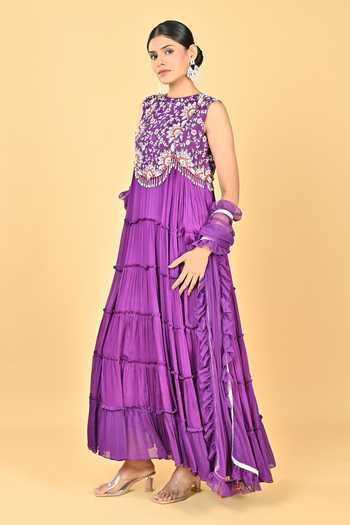 Shop_KEITH GOMES_Purple Chiffon, Crepe, Net Embroidery, Sequins, Floral Anarkali With Dupatta _Online_at_Aza_Fashions