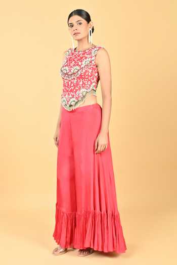 KEITH GOMES_Red Crepe, Chiffon Sequins, Beads, Zari, Floral Embroidered Top And Palazzo Set _Online_at_Aza_Fashions