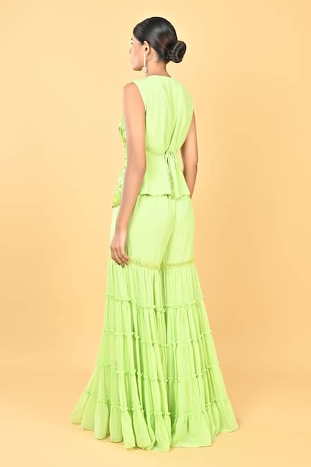 KEITH GOMES Tonal Embroidered Peplum Top & Gharara Set