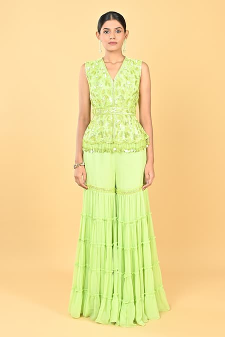 KEITH GOMES Tonal Embroidered Peplum Top & Gharara Set
