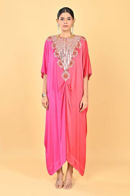 Buy_KEITH GOMES_Pink Satin Embroidery, Mirrors Round Neck Embellished Yoke Kaftan _Online_at_Aza_Fashions