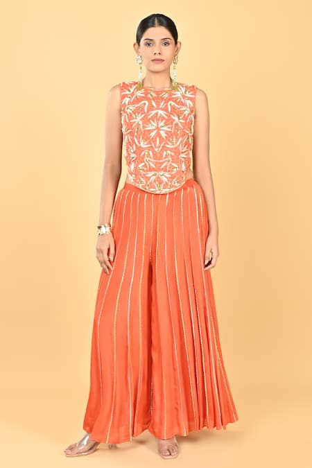 KEITH GOMES Contrast Embroidered Top Palazzo Set 