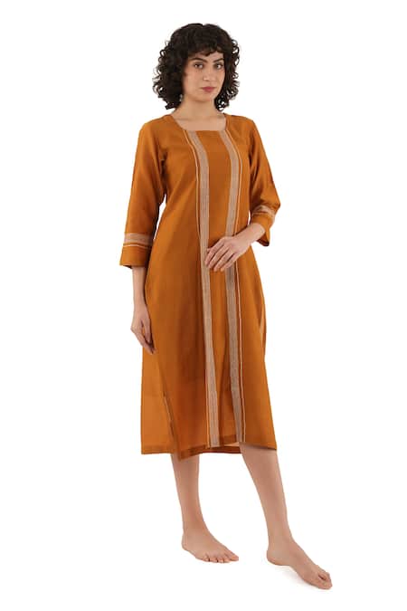 Khat_Orange Chanderi Silk Embroidery Round Neck Dress _Online_at_Aza_Fashions