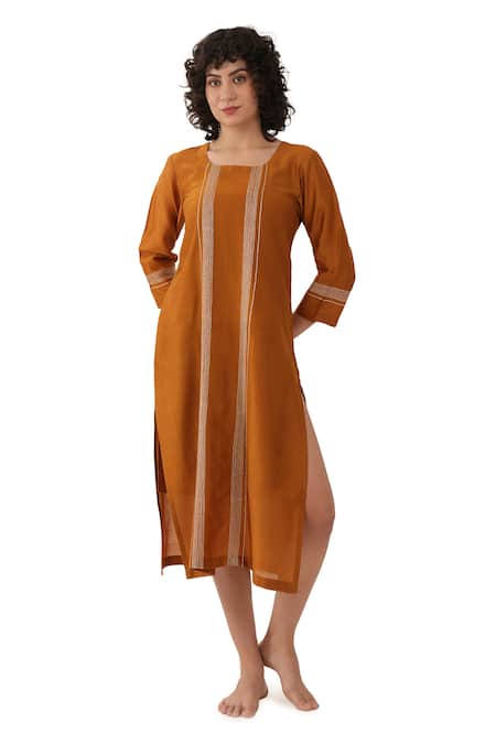 Buy_Khat_Orange Chanderi Silk Embroidery Round Neck Dress _Online_at_Aza_Fashions