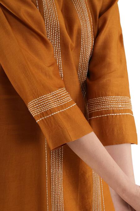 Khat_Orange Chanderi Silk Embroidery Round Neck Dress _at_Aza_Fashions