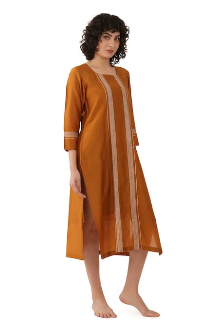 Buy_Khat_Orange Chanderi Silk Embroidery Round Neck Dress 