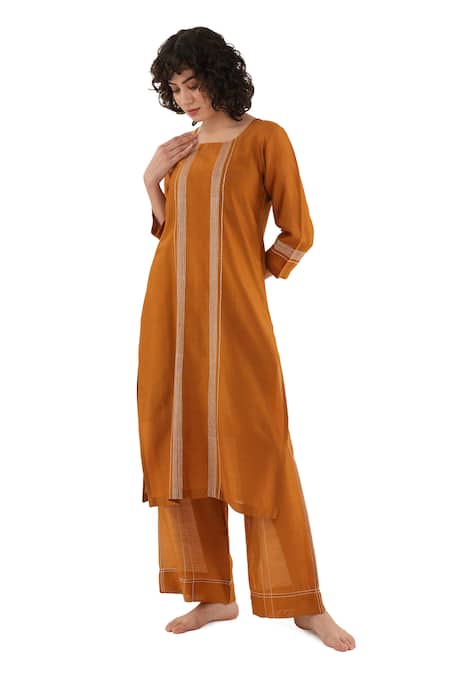 Khat_Orange Chanderi Silk Embroidery Round Neck Kurta Set _at_Aza_Fashions