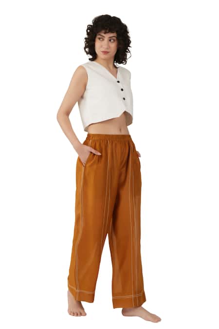 Khat_Off White Linen, Chanderi Silk Embroidery V-neck And Top & Pant Set _Online_at_Aza_Fashions