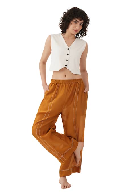 Buy_Khat_Off White Linen, Chanderi Silk Embroidery V-neck And Top & Pant Set _Online_at_Aza_Fashions