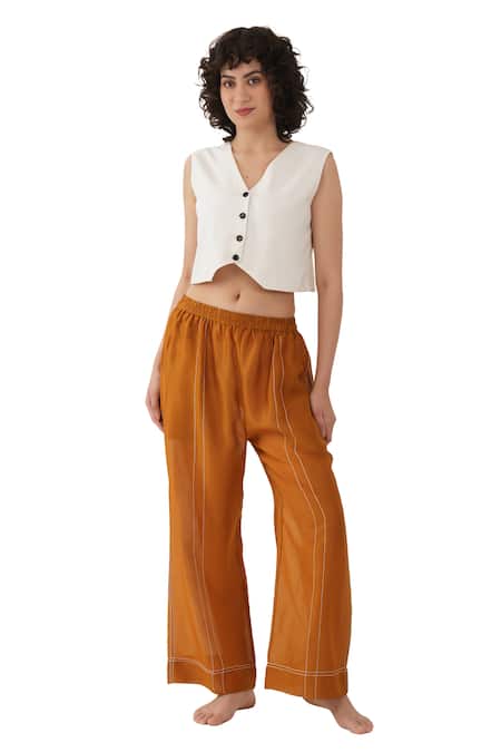 Shop_Khat_Off White Linen, Chanderi Silk Embroidery V-neck And Top & Pant Set _Online_at_Aza_Fashions