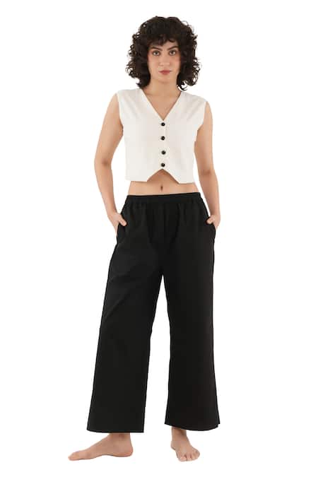 Khat_Off White , , Linen, V-neck Buttoned Top And Pant Set _Online_at_Aza_Fashions